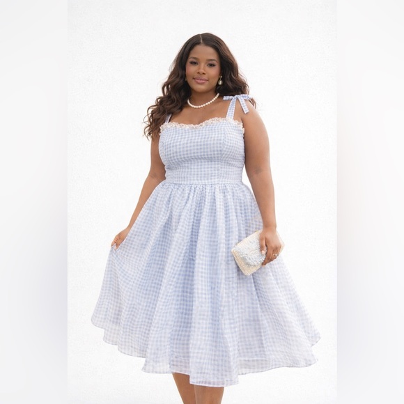 JessaKae Blue Gingham & Lace Priscilla Organza Midi Dress, 1x, NWT! - Picture 4 of 16